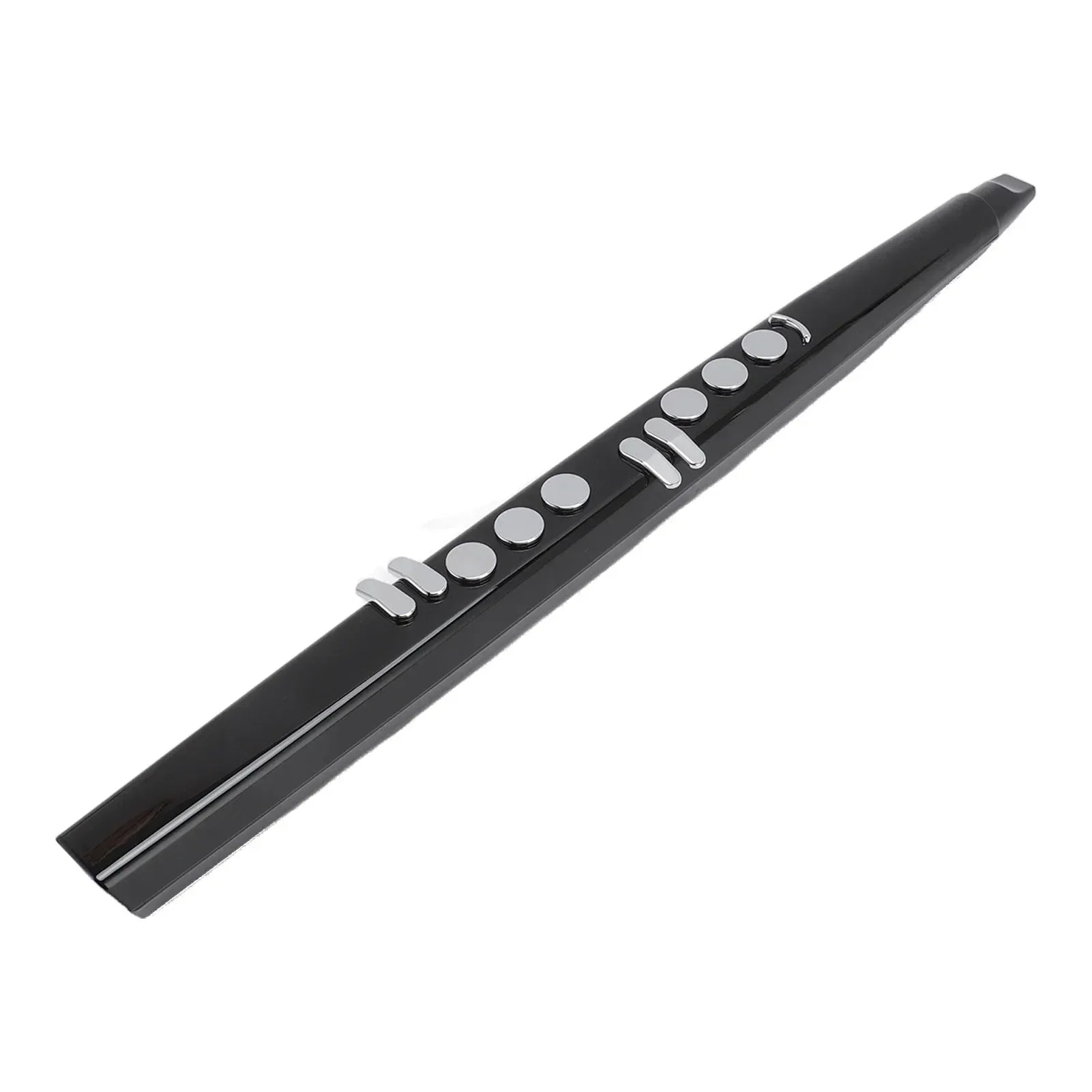 Black midi electronic saxophone with silver buttons and keys featuring blowing sensitivity for portable digital wind instrument use