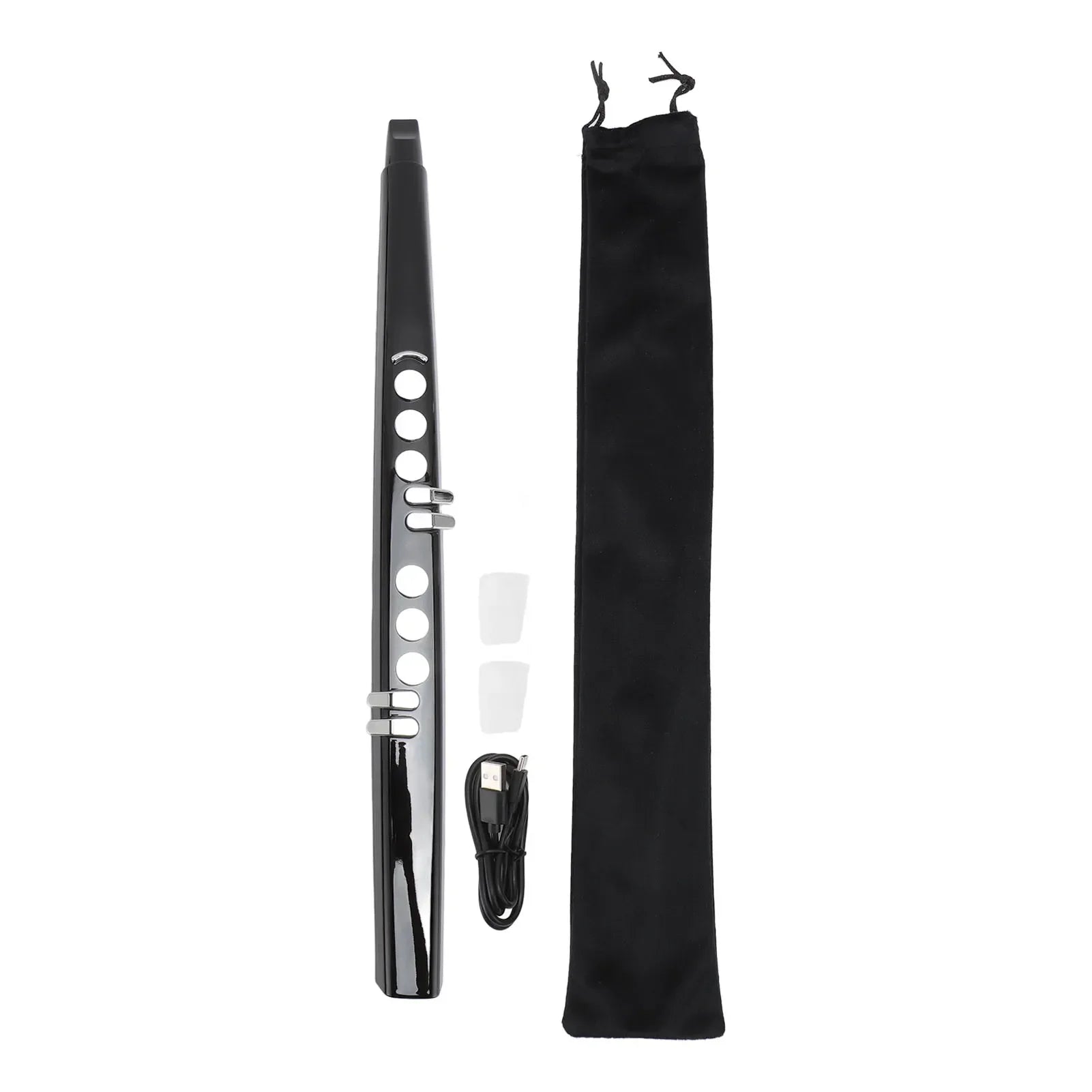 Black midi electronic saxophone with silver keys, usb charging cable, and pouch featuring blowing sensitivity for practice