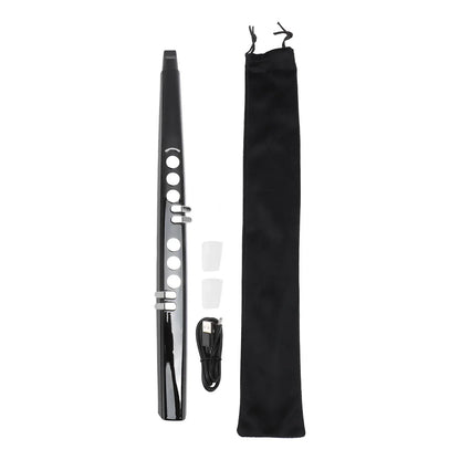 Black midi electronic saxophone with silver keys, usb charging cable, and pouch featuring blowing sensitivity for practice