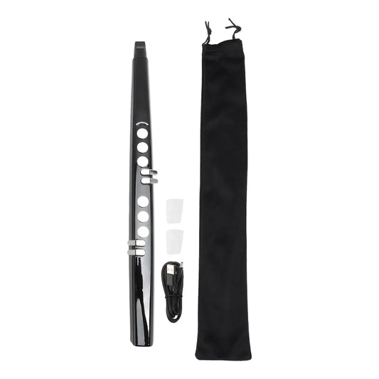 Black midi electronic saxophone with silver keys, usb charging cable, and pouch featuring blowing sensitivity for practice