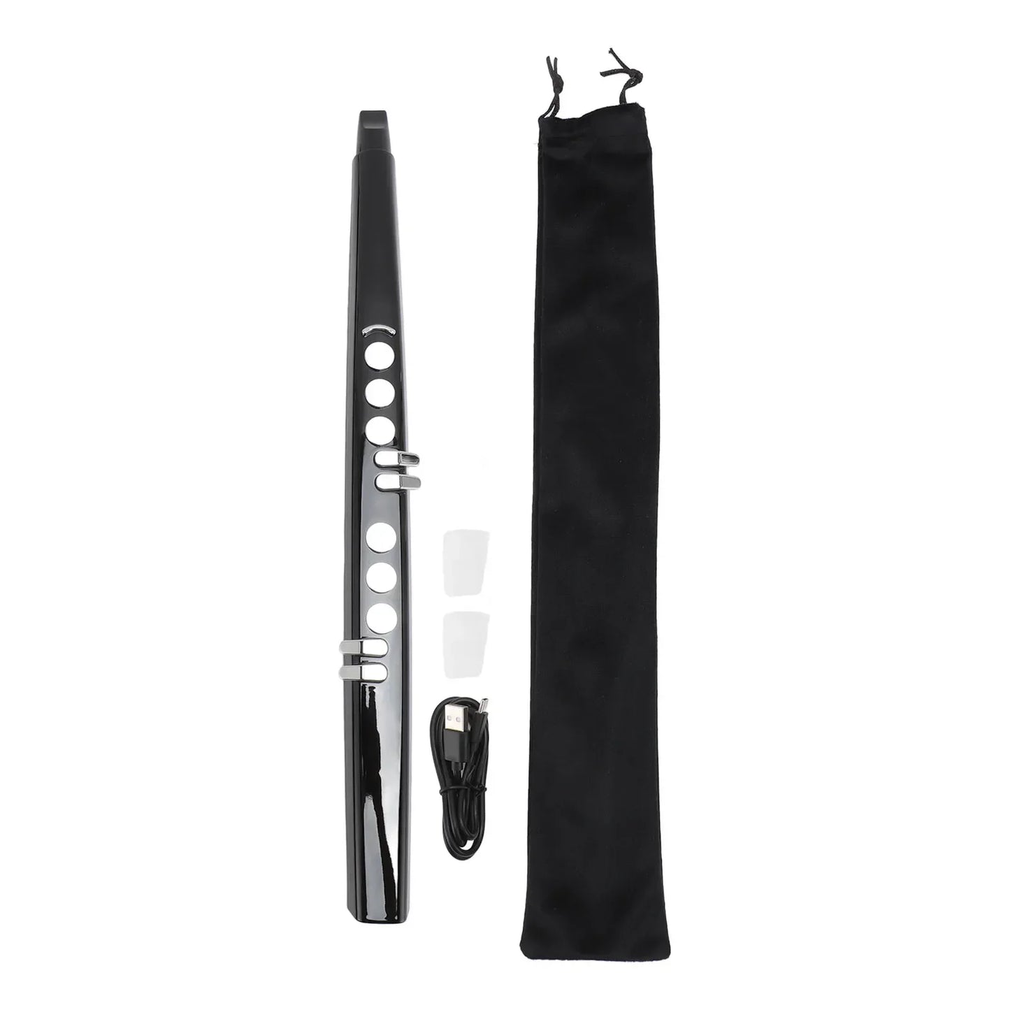 Black electronic saxophone mini with silver keys usb charging cable and pouch featuring blowing sensitivity for practice