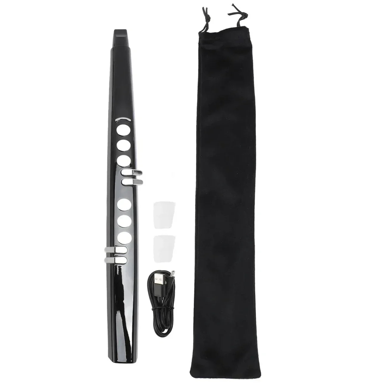 Black midi electronic saxophone mini with silver keys, blowing sensitivity, carrying pouch, and usb charging cable
