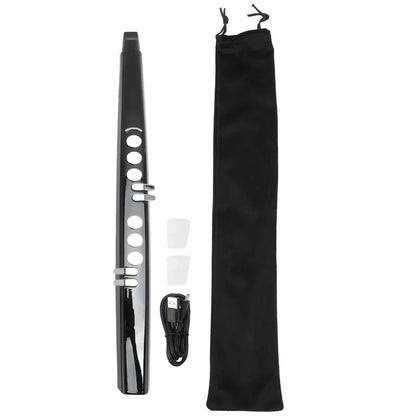 Black midi electronic saxophone digital wind instrument with silver keys and blowing sensitivity includes pouch and usb cable