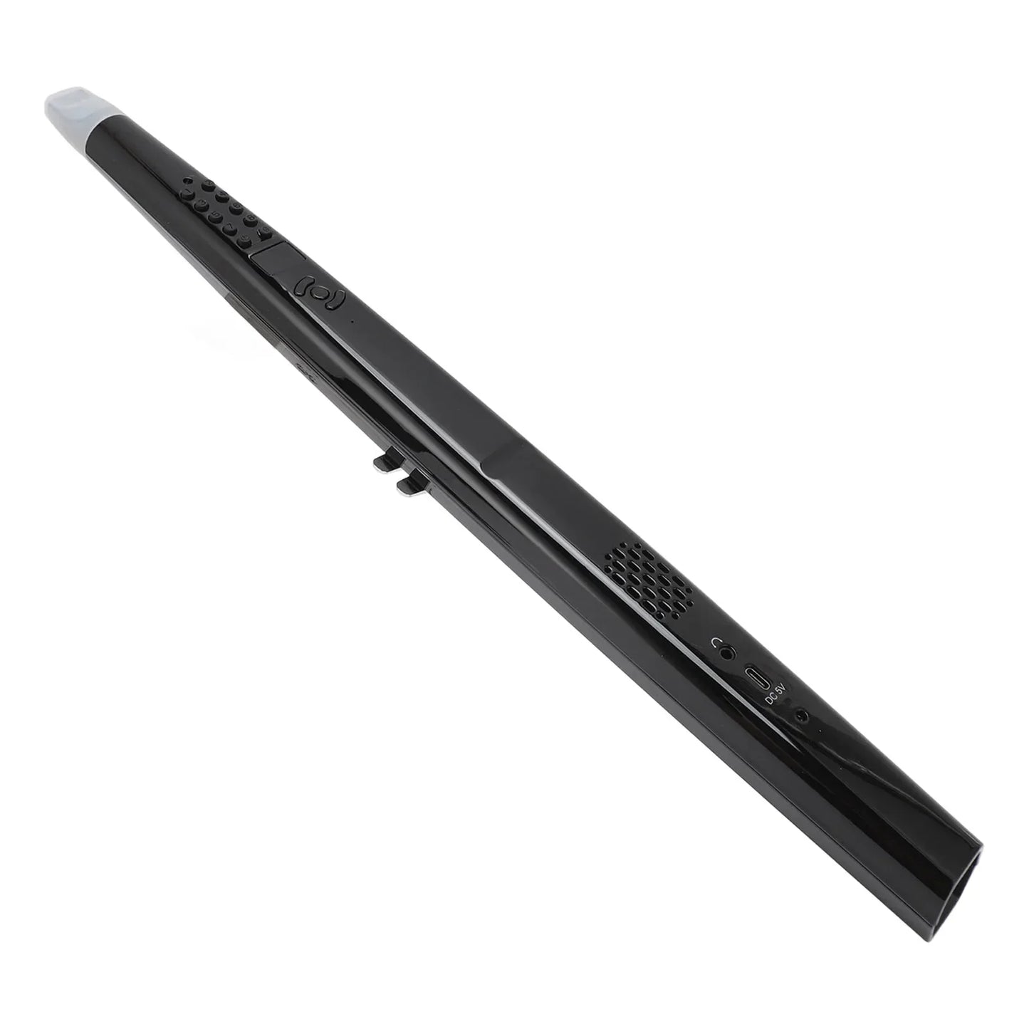 Black sleek midi electronic saxophone mini with white tip textured grip usb-c port and speaker grille for blowing sensitivity