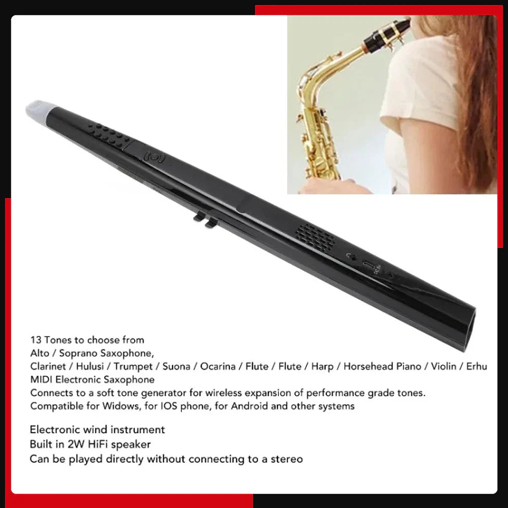 Black midi electronic saxophone digital wind instrument with glossy finish and 3 blowing sensitivity levels for practice
