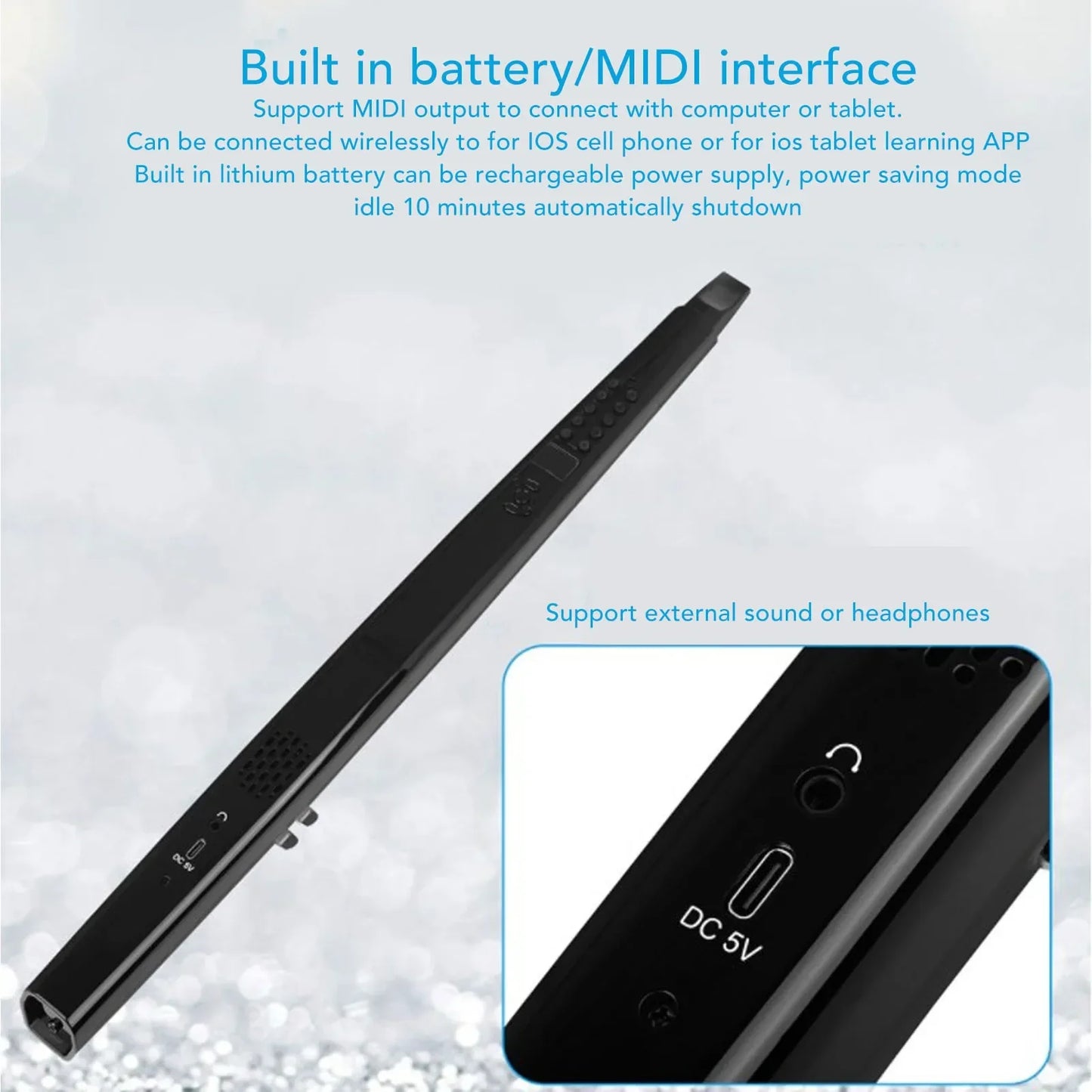 Black sleek midi electronic saxophone pen with rechargeable lithium battery and dc 5v port for ios connectivity