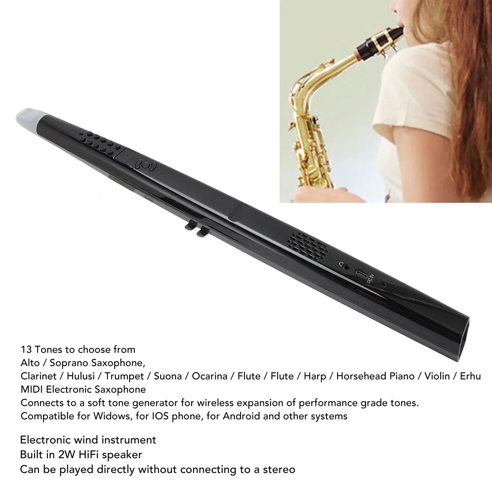 Black midi electronic saxophone digital wind instrument with sleek design tone multifunctional rechargeable battery
