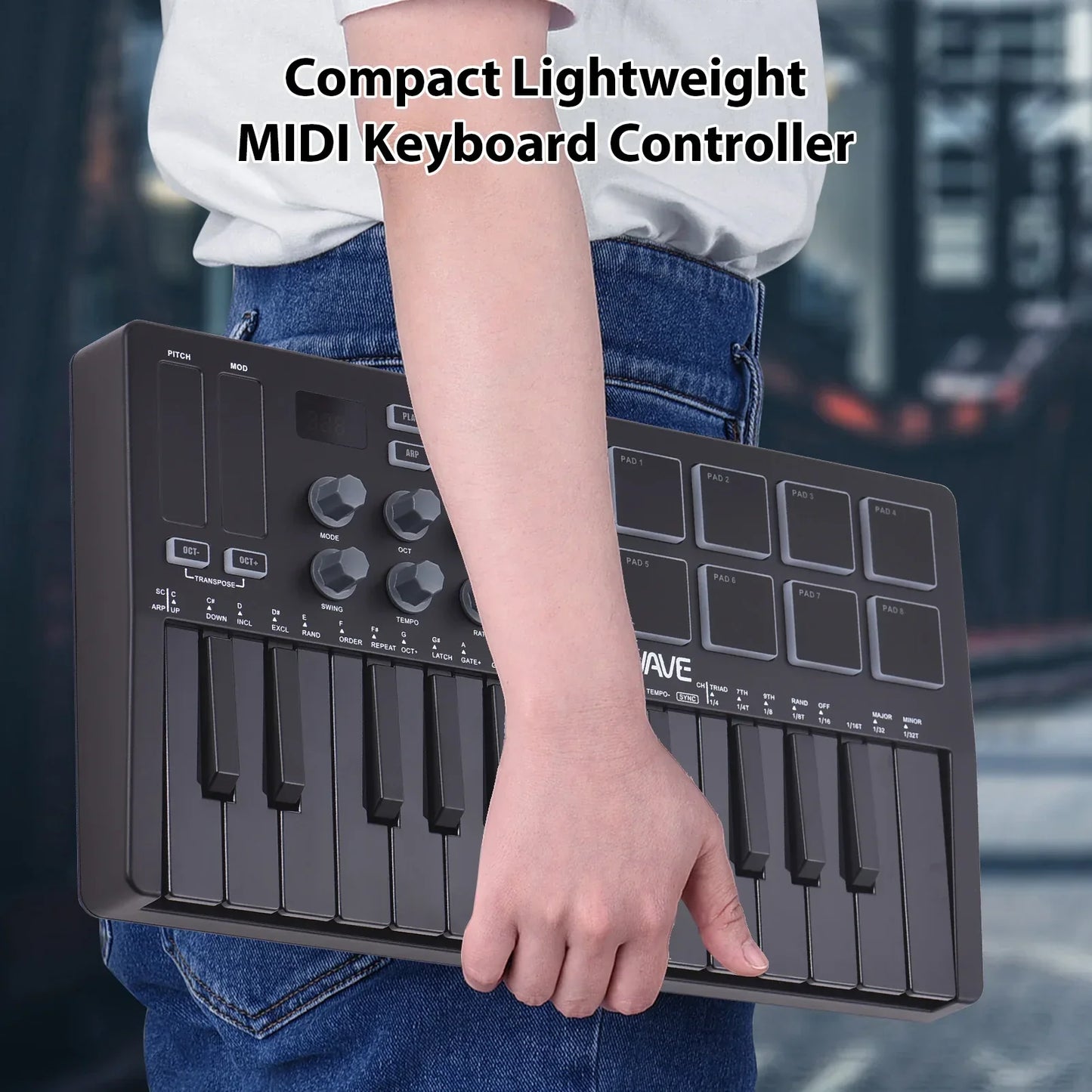 Black compact midi keyboard controller with 25 keys knobs pads and rgb for beat maker machine rechargeable use