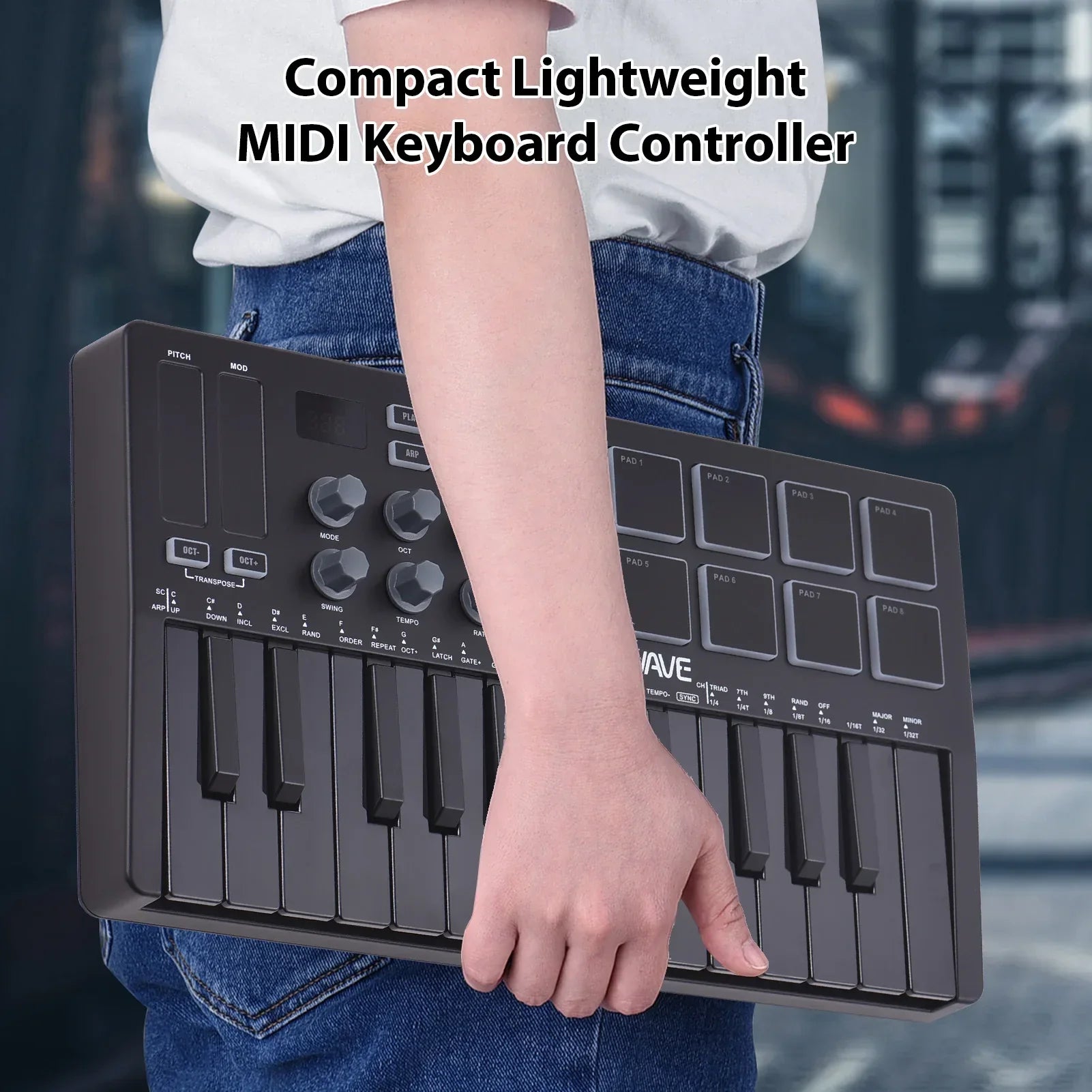 Black compact midi keyboard controller with 25 keys knobs pads and rgb for beat maker machine rechargeable use