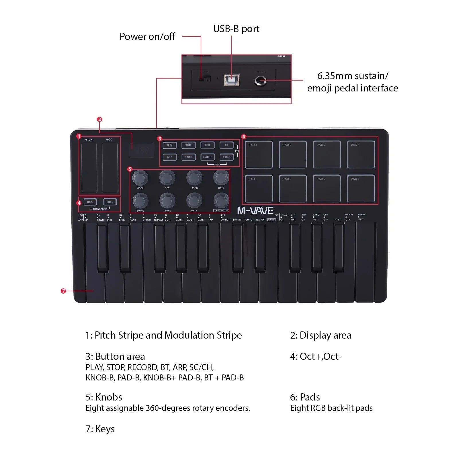 Black midi keyboard arranging beat maker machine with 25 keys, rgb pads, and rechargeable knobs for music production