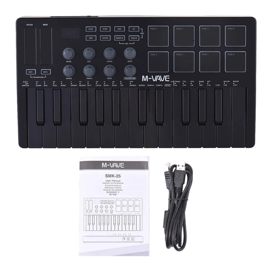 Black m-vave smk-25 midi keyboard controller with 24 keys, eight pads, knobs, and rgb backlight for beat makers