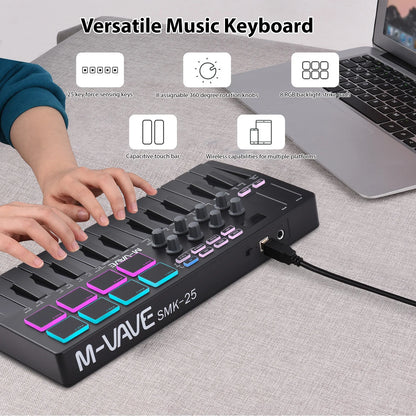Black m-vave smk-25 midi keyboard controller with 25 keys, rgb backlight strike pads, tactile knobs, and rechargeable battery