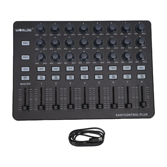 Black world easycontrol plus audio mixer with 8 channels featuring control knobs and faders for midi keyboard controller music creation tool