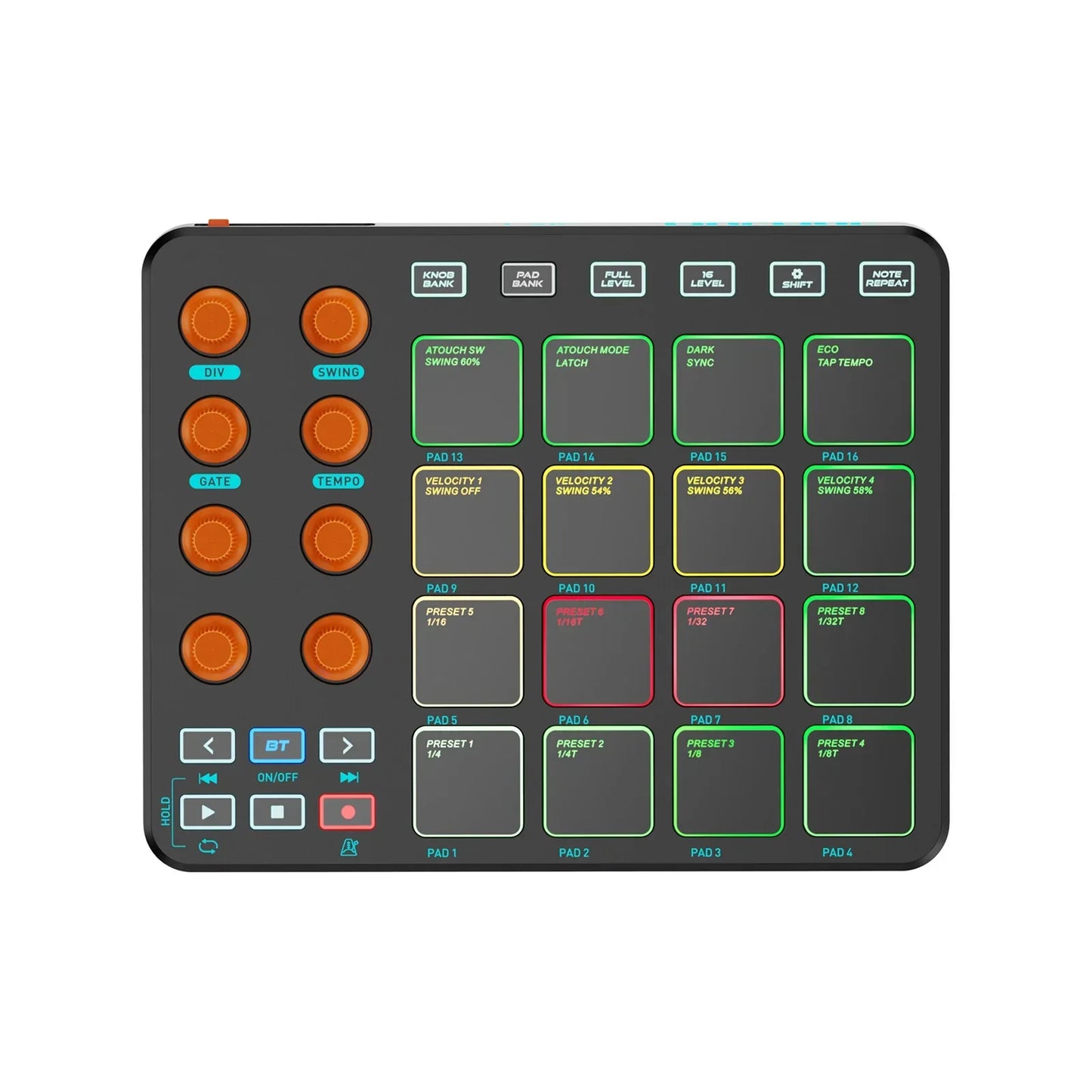 Black midi controller wireless with orange knobs and illuminated rgb pads midi for pc and mobile use