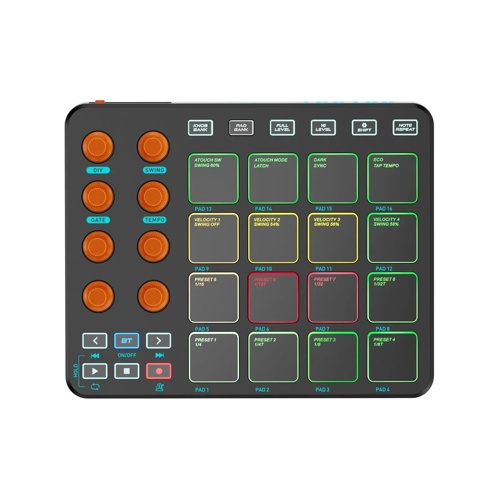 Black midi controller wireless with orange knobs and illuminated rgb pads midi for pc and mobile use