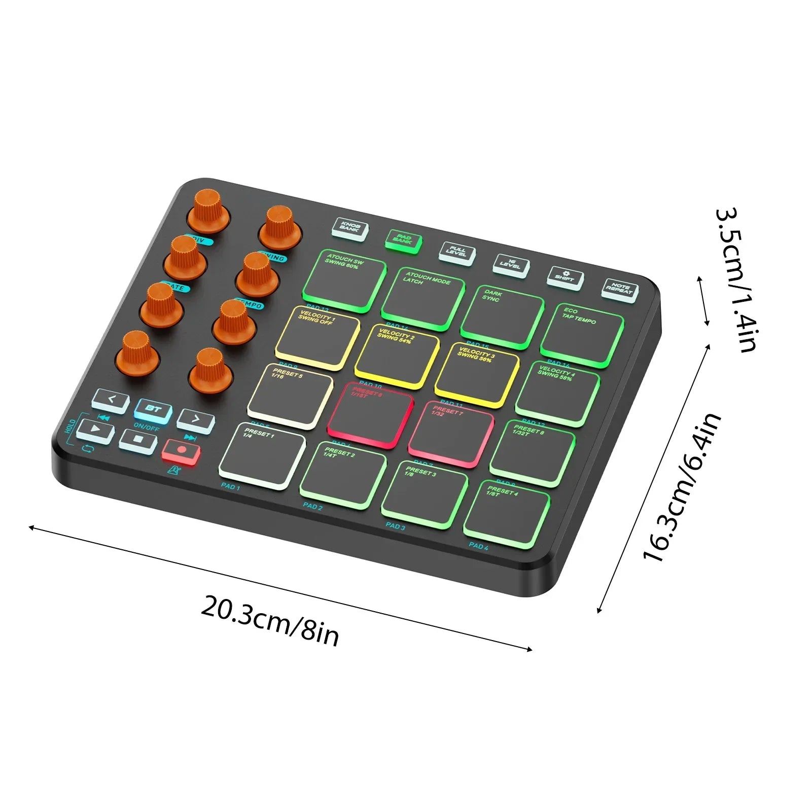 Black compact midi controller with rgb pads midi, midi controller wireless, orange knobs, and customizable buttons