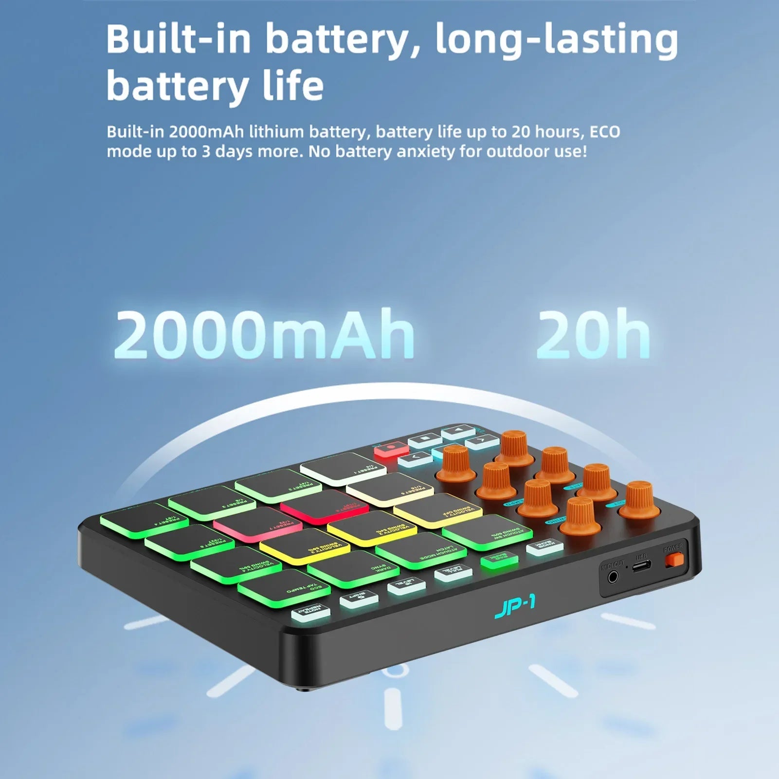 Black rectangular midi controller wireless with rgb pads midi, customizable buttons, orange knobs, and 2000mah battery