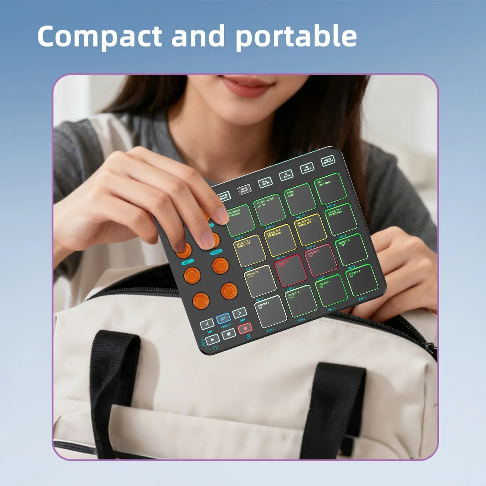 Compact black midi controller wireless with orange knobs, rgb pads midi, and 6 customizable buttons for pc and mobile use