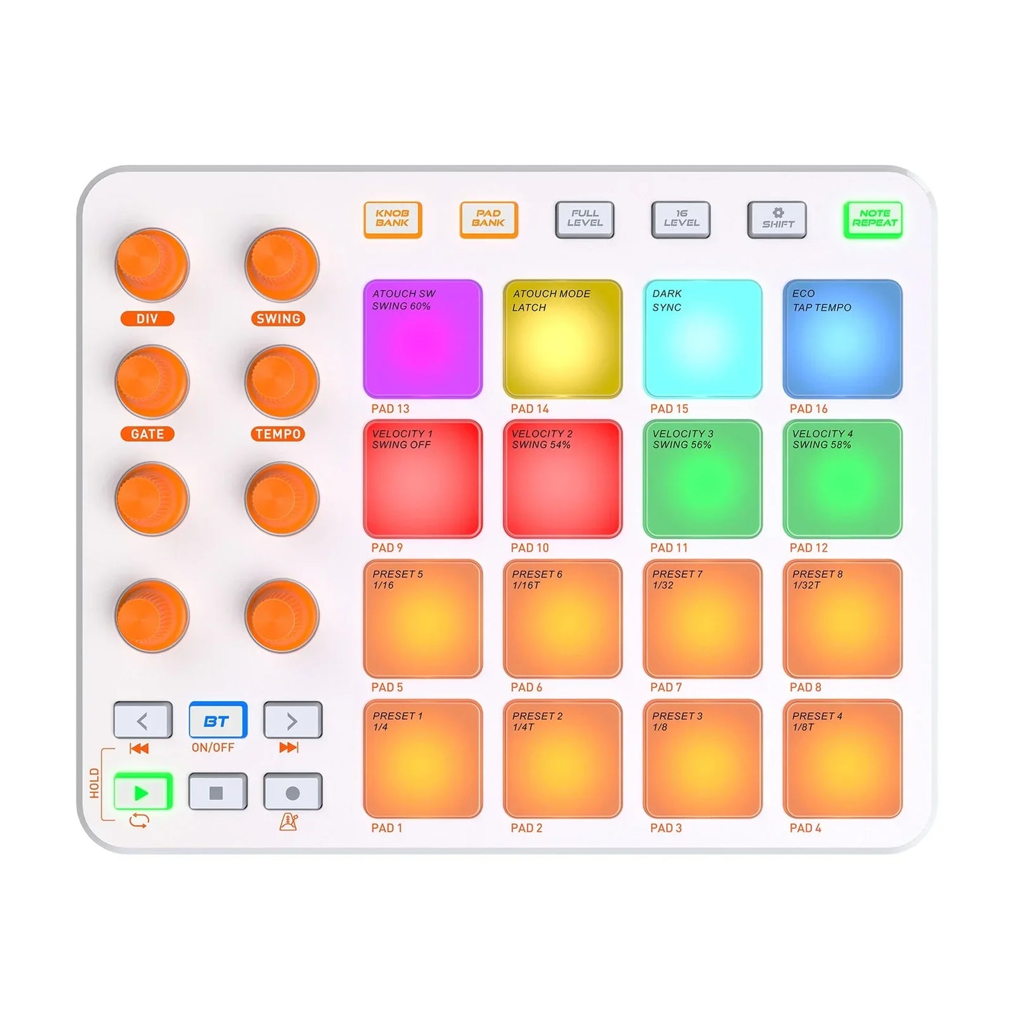 White midi controller with orange knobs and colorful rgb pads midi wireless with 16 pads and 8 customizable knobs