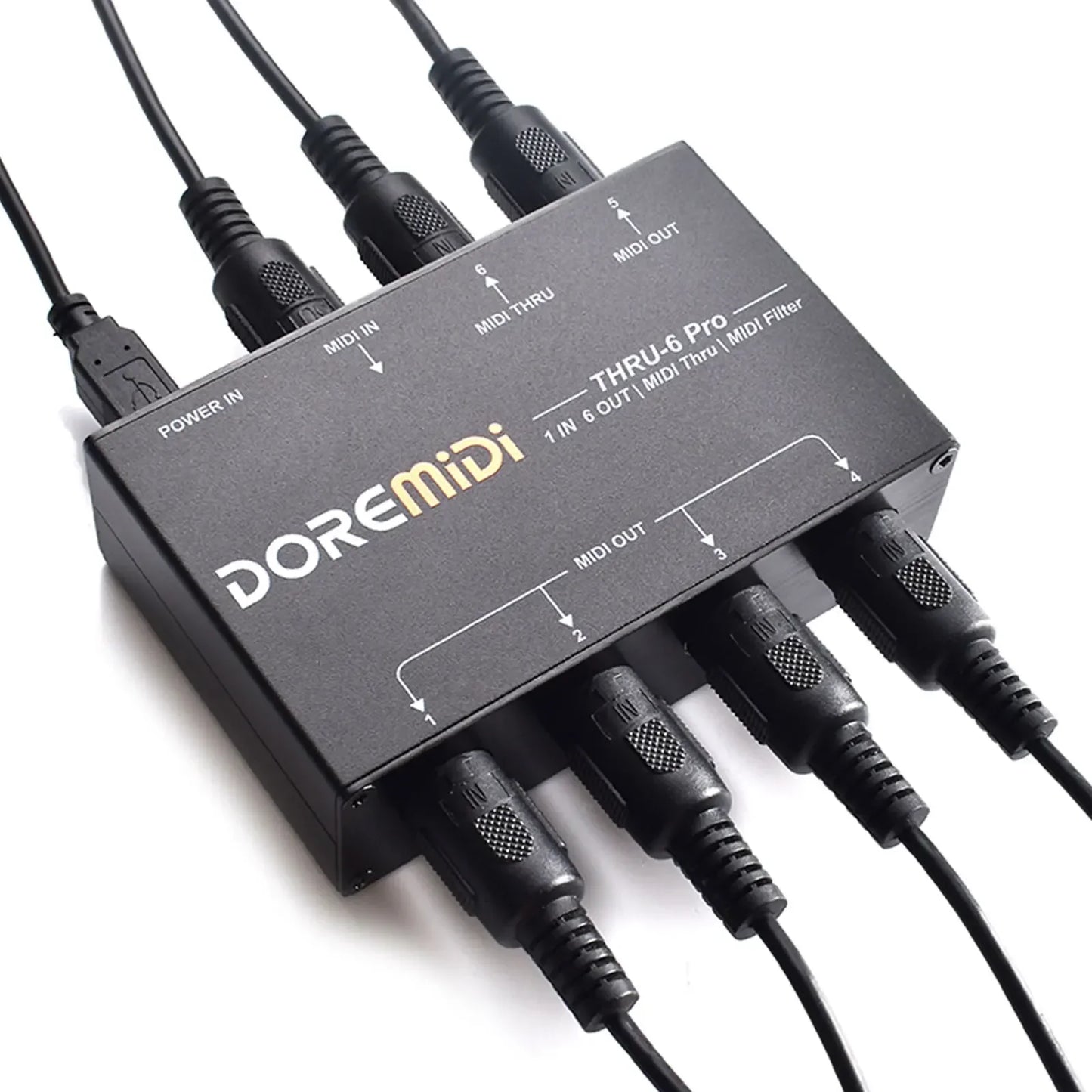 Black doremidi thru-6 pro midi thru filter with six midi outputs and cables for pc music production integration