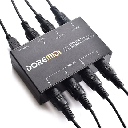 Black doremidi thru-6 pro midi thru filter with six midi outputs and cables for pc music production integration