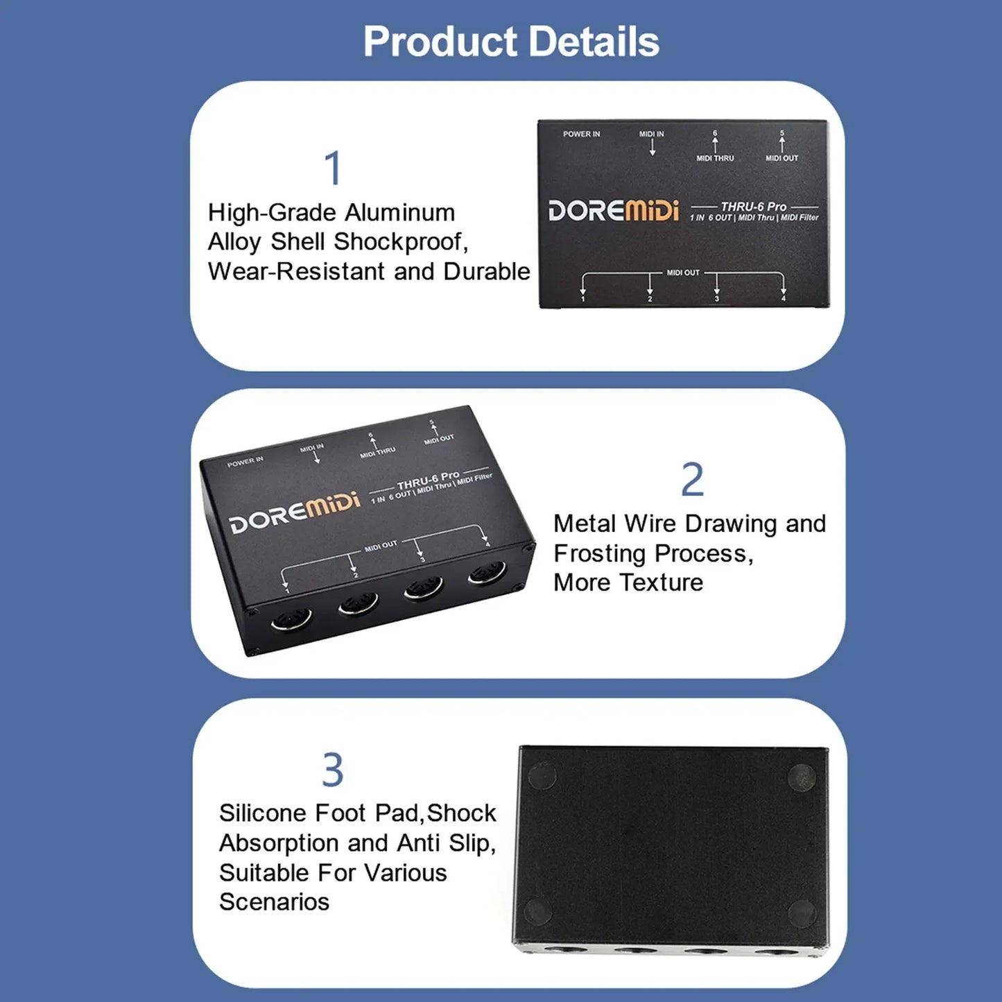 Black doremidi thru-6 pro midi audio interface with aluminum alloy shell and silicone foot pads for midi outputs