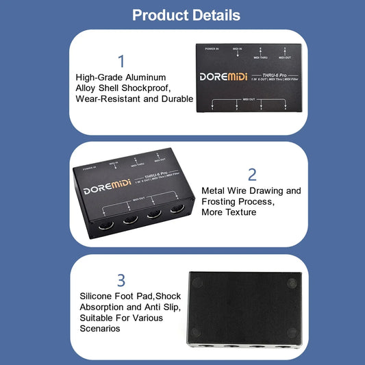 Black doremidi thru-6 pro midi audio interface with aluminum alloy shell and silicone foot pads for midi outputs