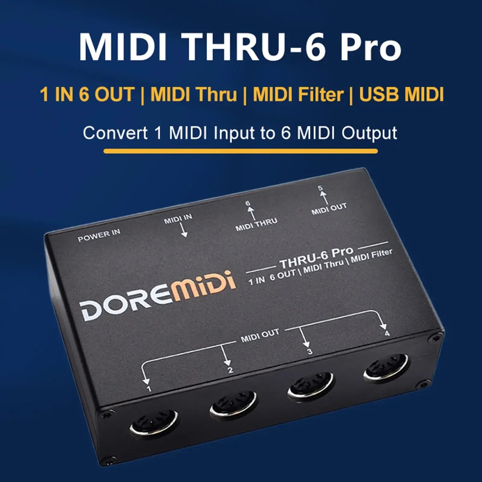 Black doremidi midi thru-6 pro audio interface with six midi outputs and sleek rectangular design for pc music production
