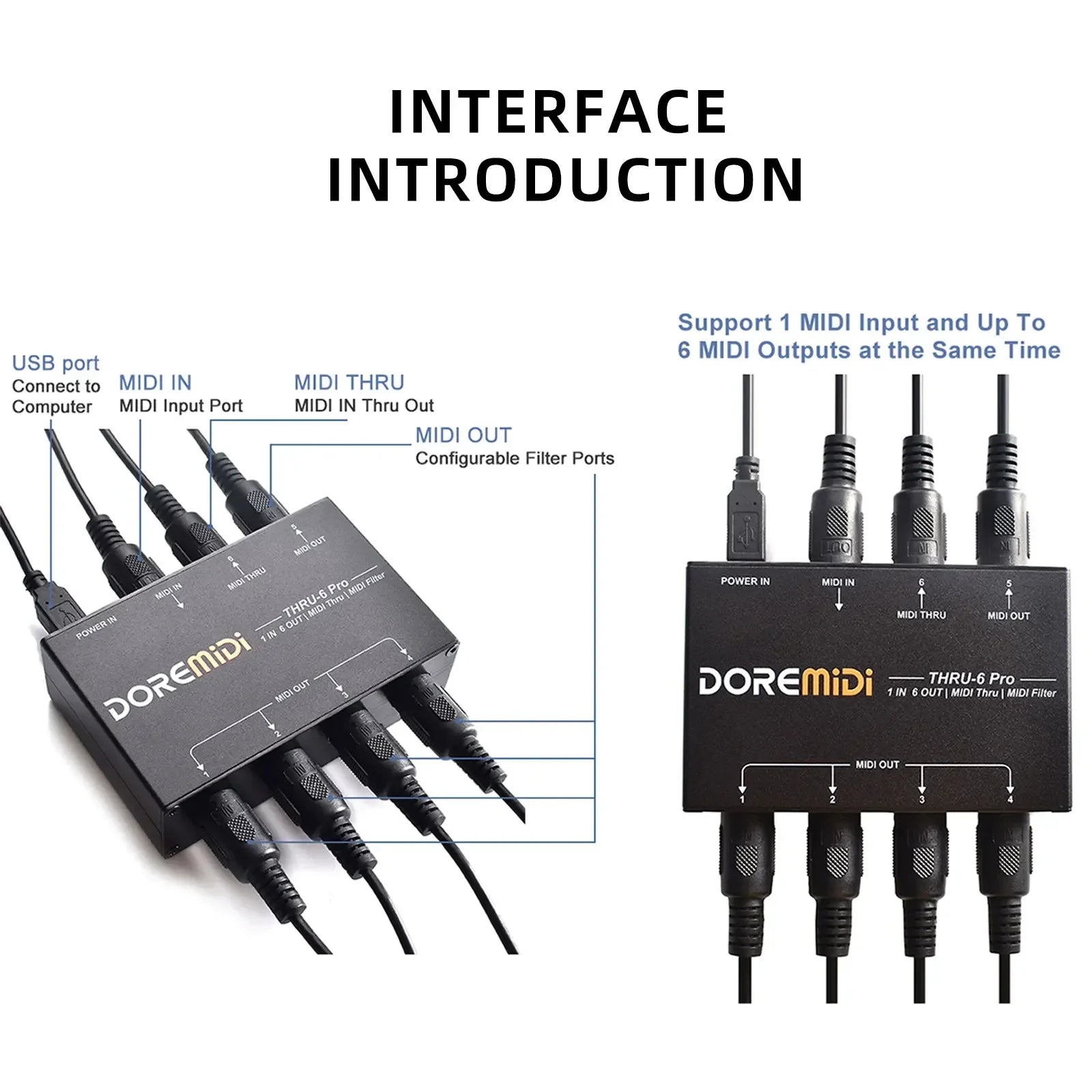 Black doremidi thru-6 pro box showing multiple midi outputs and cables connected on the back side for pc music production