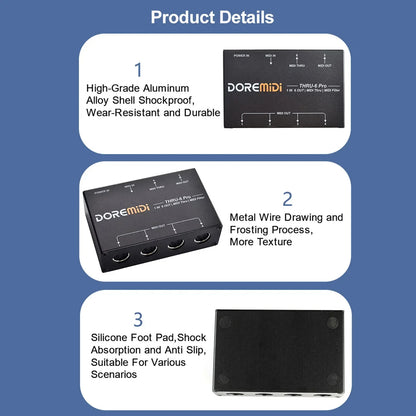 Black doremidi thru-6 pro midi splitter thru box with aluminum shell and silicone pads for 1-in 6-out midi outputs