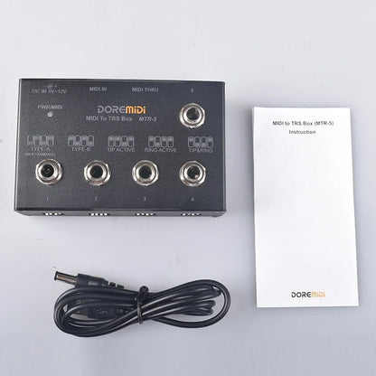 Black doremidi mtr-5 midi to trs box with multiple jacks and power cable to convert midi five-pin din interface