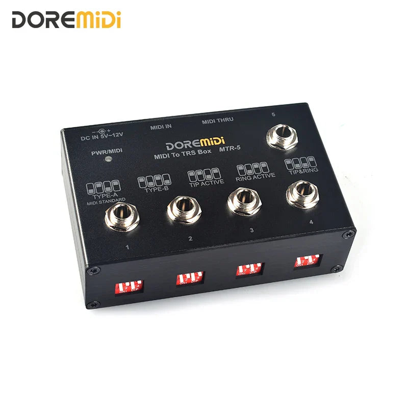 Black doremidi mtr-5 midi to trs box with silver metal connectors and red led indicators to convert midi five-pin din interface