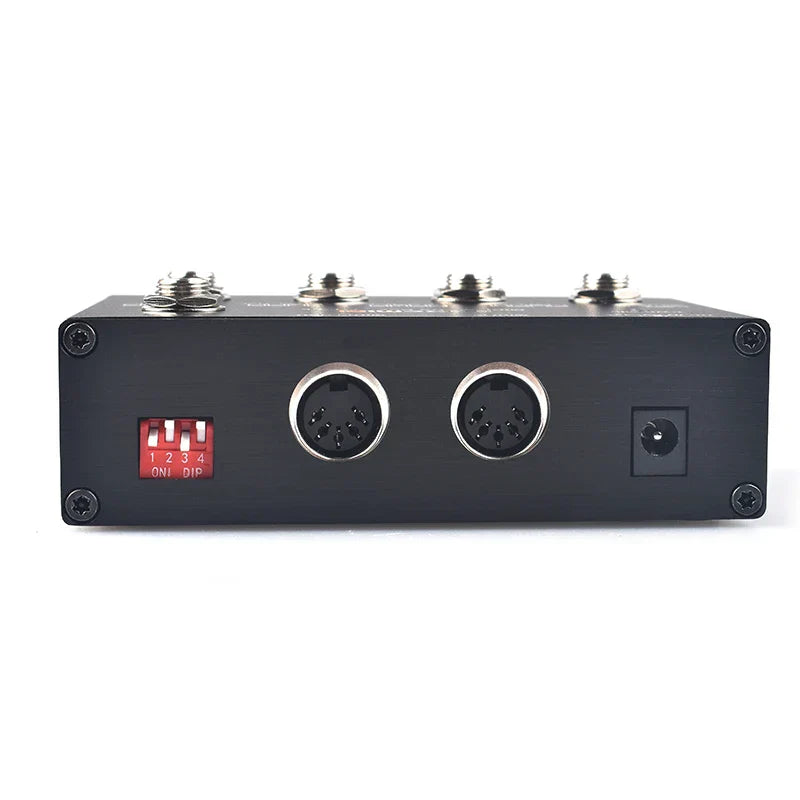 Black rectangular midi thru to trs box with two silver jacks and five-pin din interface to trs interface convert inputs