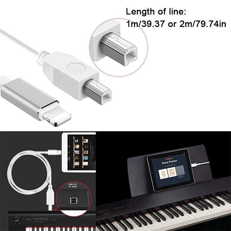 White usb-c to usb-a adapter cable with silver metallic connector for iphone ipad ios electric piano midi keyboard connector