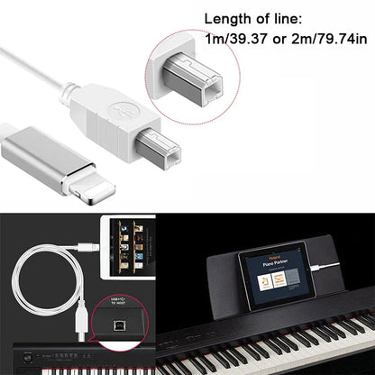 White usb-c to usb-a adapter cable with silver metallic connector for iphone ipad ios electric piano midi keyboard connector