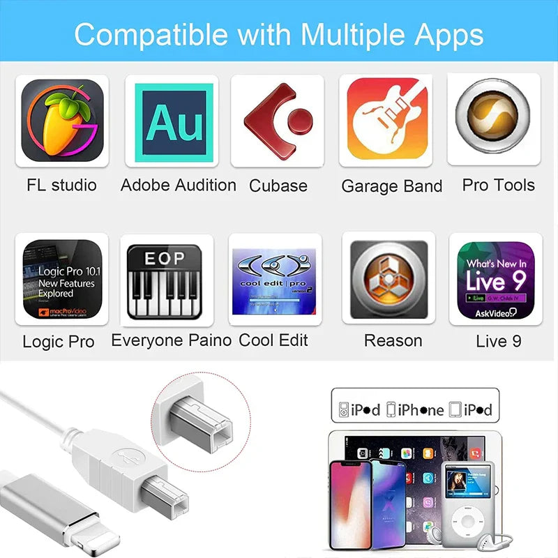 White usb-c to lightning adapter with metallic ends for ios interface otg and electric piano midi keyboard connector use