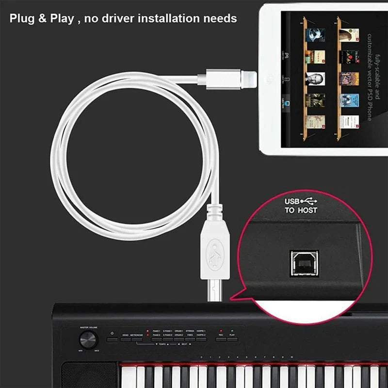White midi usb b to iphone ipad ios cable with lightning and usb-a connectors for electric piano midi keyboard connector