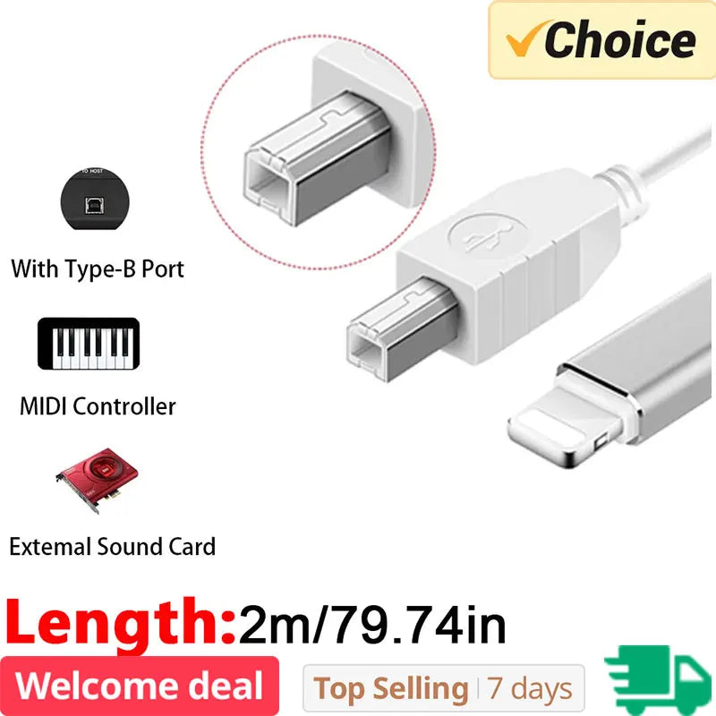 White usb b to lightning cable for ios interface otg and electric piano midi keyboard connector use