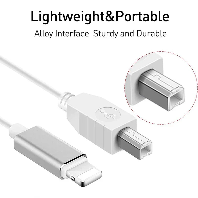 White and silver midi usb b to iphone ipad ios adapter cable with sturdy alloy interface for electric piano midi keyboard connector