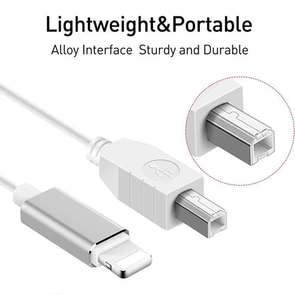 White and silver midi usb b to iphone ipad ios adapter cable with sturdy alloy interface for electric piano midi keyboard connector