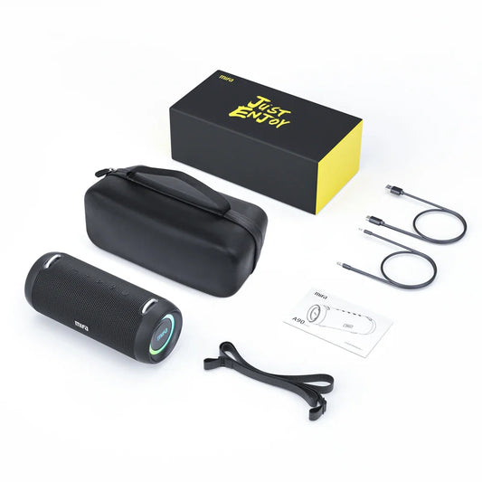 Black mifa a90 bluetooth speaker with textured fabric, glowing green accent, built-in 8000mah battery, and micro sd card slot