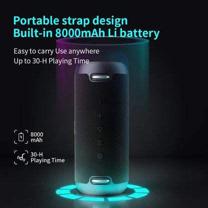 Black cylindrical mifa A90 bluetooth speaker with textured fabric, silver buttons, built-in 8000mah battery, and micro sd card slot