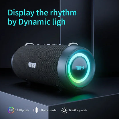Black mifa A90 bluetooth speaker with textured fabric, glowing rgb light ring, built-in 8000mah battery, micro sd card support