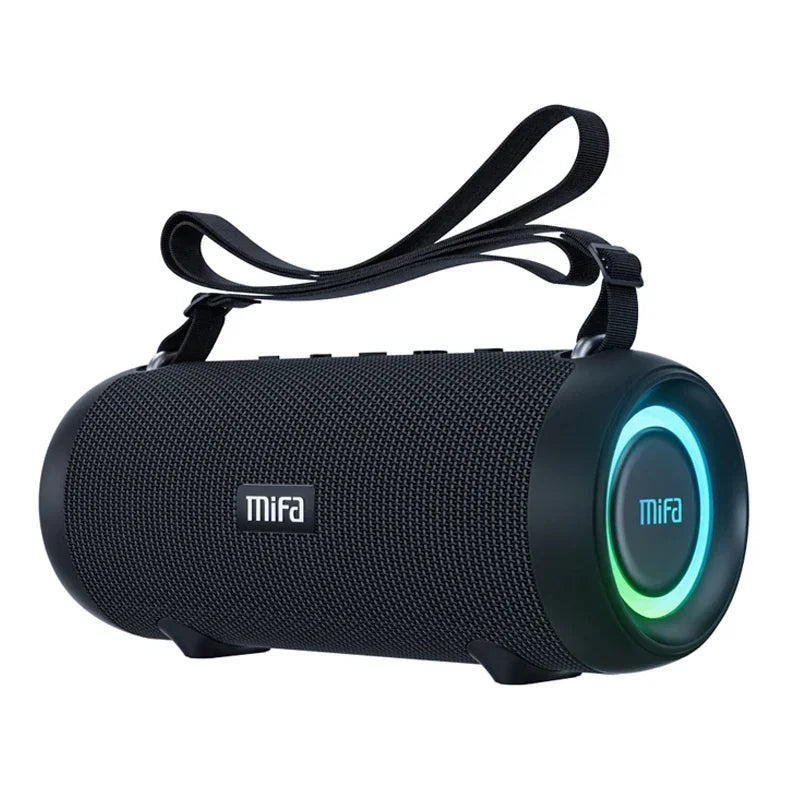 Black mifa A90 bluetooth speaker with textured fabric body built-in 8000mah battery and glowing led light ring