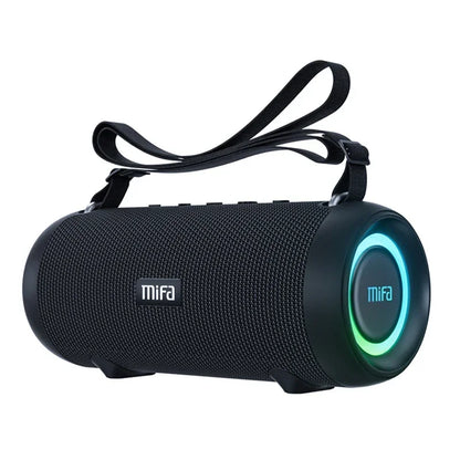 Black mifa A90 bluetooth speaker with textured fabric body built-in 8000mah battery and glowing led light ring