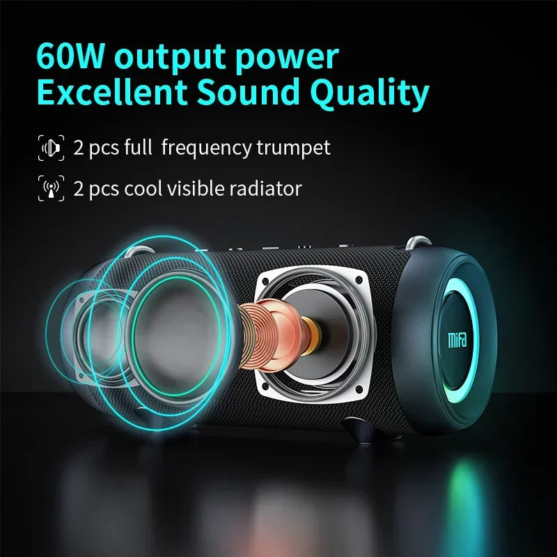 Black textured mifa A90 bluetooth speaker with glowing blue LED rings built-in 8000mah battery and micro SD card slot