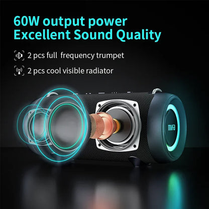 Black textured mifa A90 bluetooth speaker with glowing blue LED rings built-in 8000mah battery and micro SD card slot