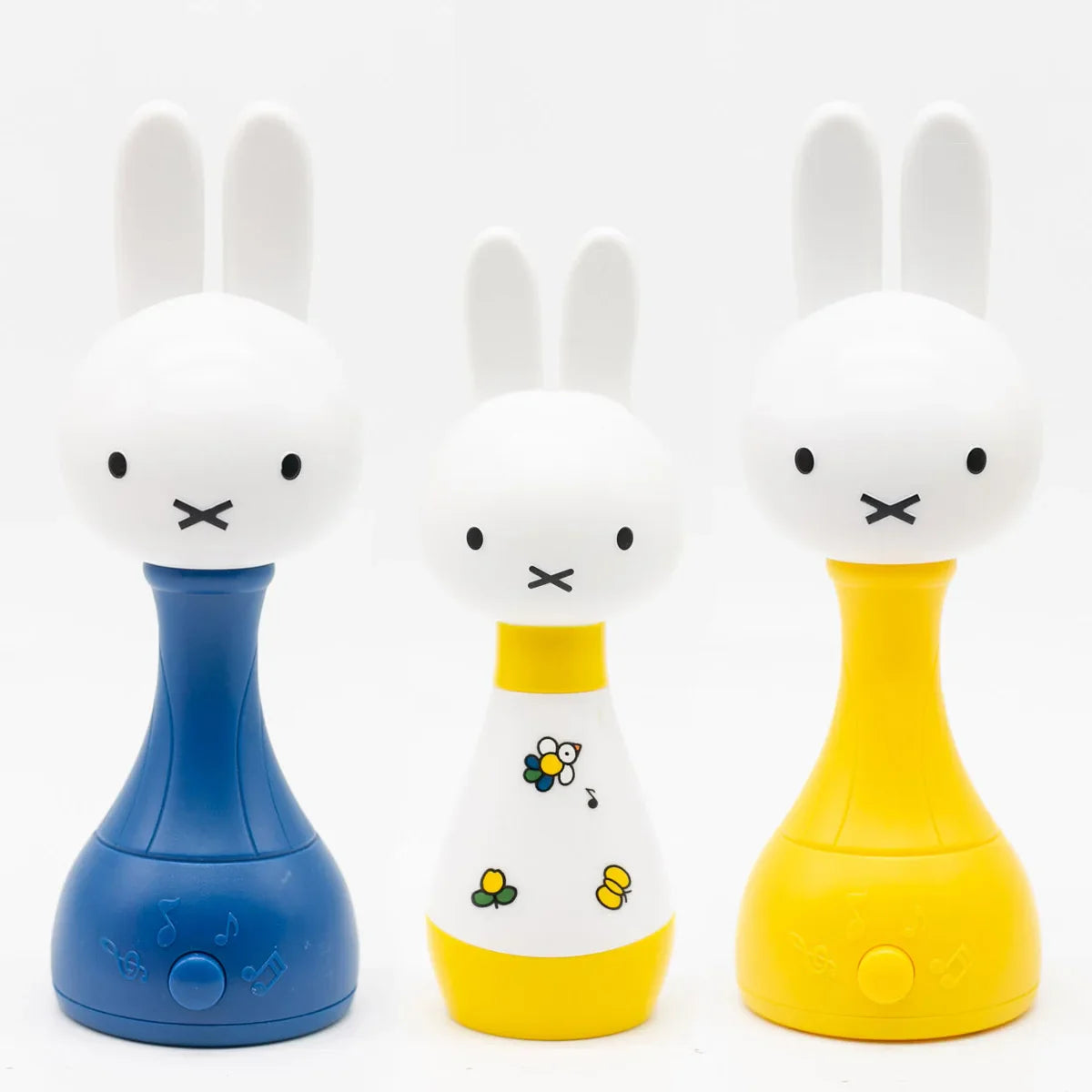 Three miffy cartoon figures home decor led lamps with white bunny faces and blue and yellow floral bases for gifts