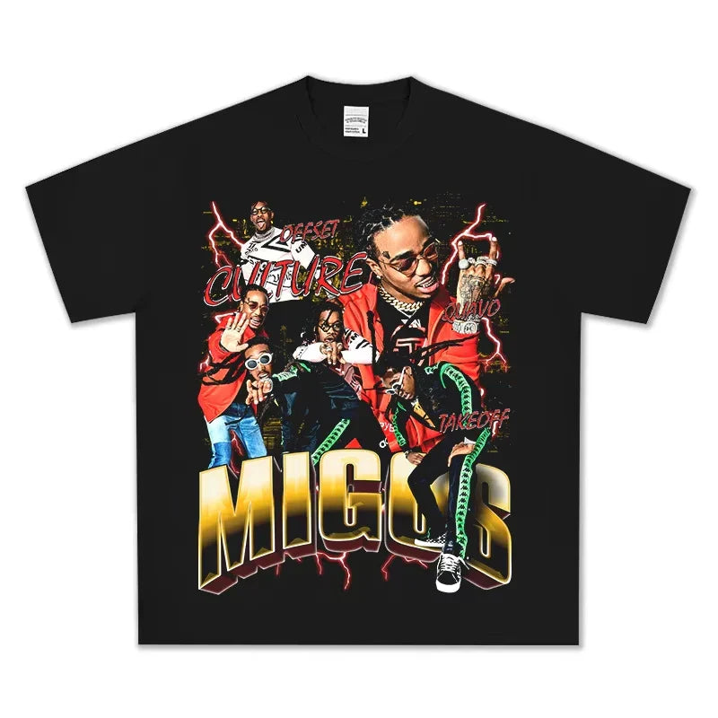 Black cotton unisex oversized t-shirt with vibrant migos culture graphic and bold gold red lettering for hip hop streetwear vintage tee rapper fans