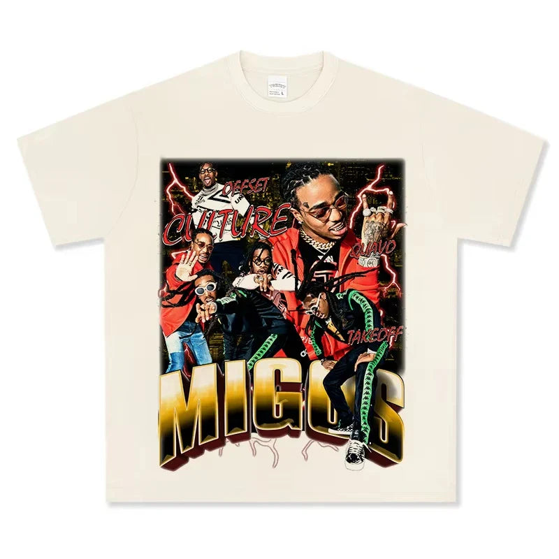 Cream-colored cotton oversized unisex t-shirt featuring a migos culture graphic with lightning, vintage tee rapper hip hop streetwear